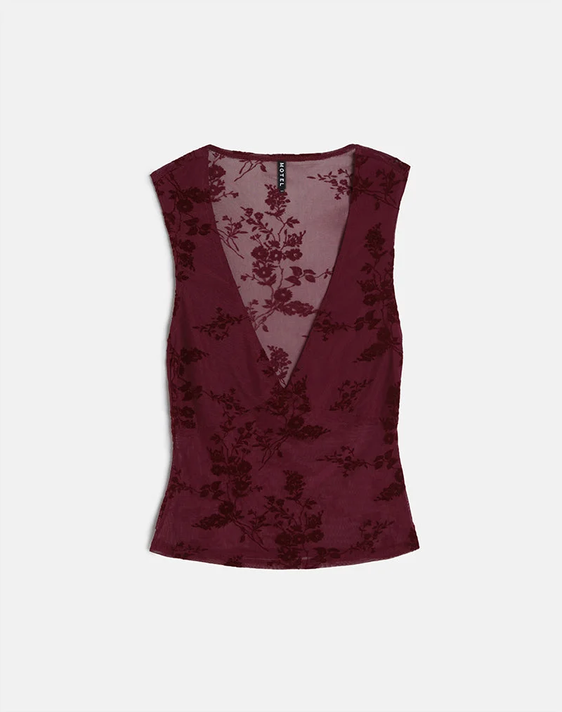 Top Lihat en Botanical Flock Flower Maroon