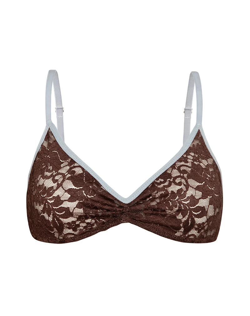 Soutien-gorge Lengkai en dentelle chocolat avec bordures bleues