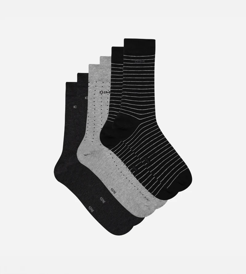 Lot de 3 chaussettes noires et anthracite pois rayures Homme