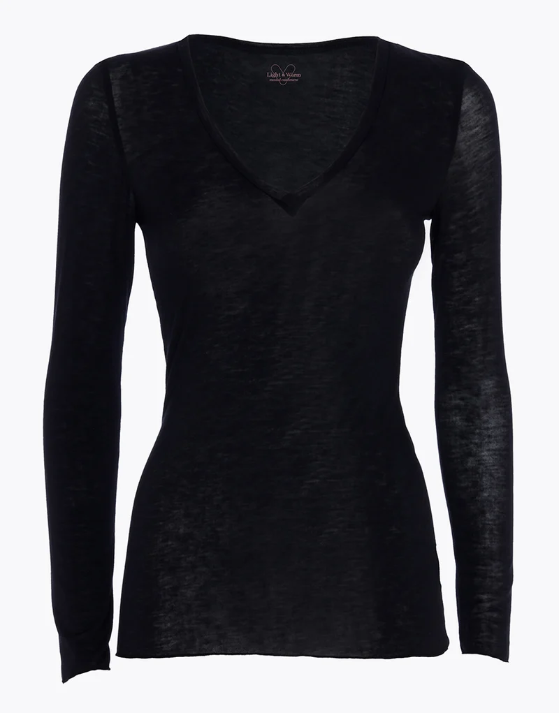 T-shirt femme col V modal et cachemire Noir Light & Warm