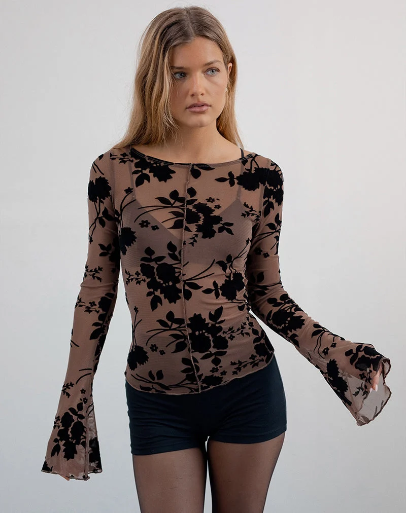 Top Zerlin en flocage floral marron