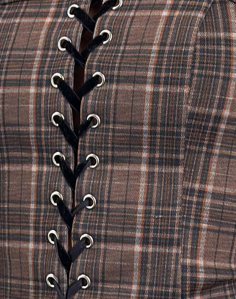 Heska - Top corset à dentelle sur le devant, à carreaux marron