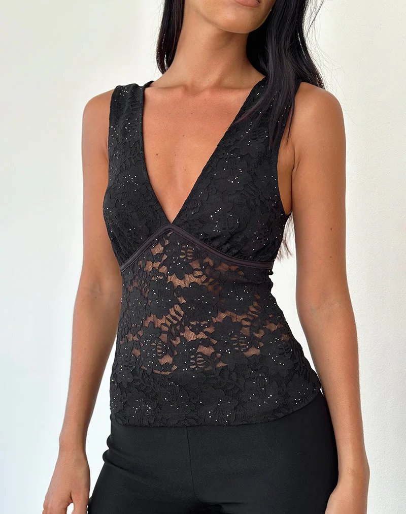 Top Vishata en dentelle à paillettes noire
