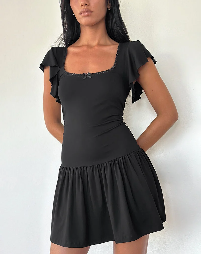 Toinette Drop Waist Mini Dress in Black