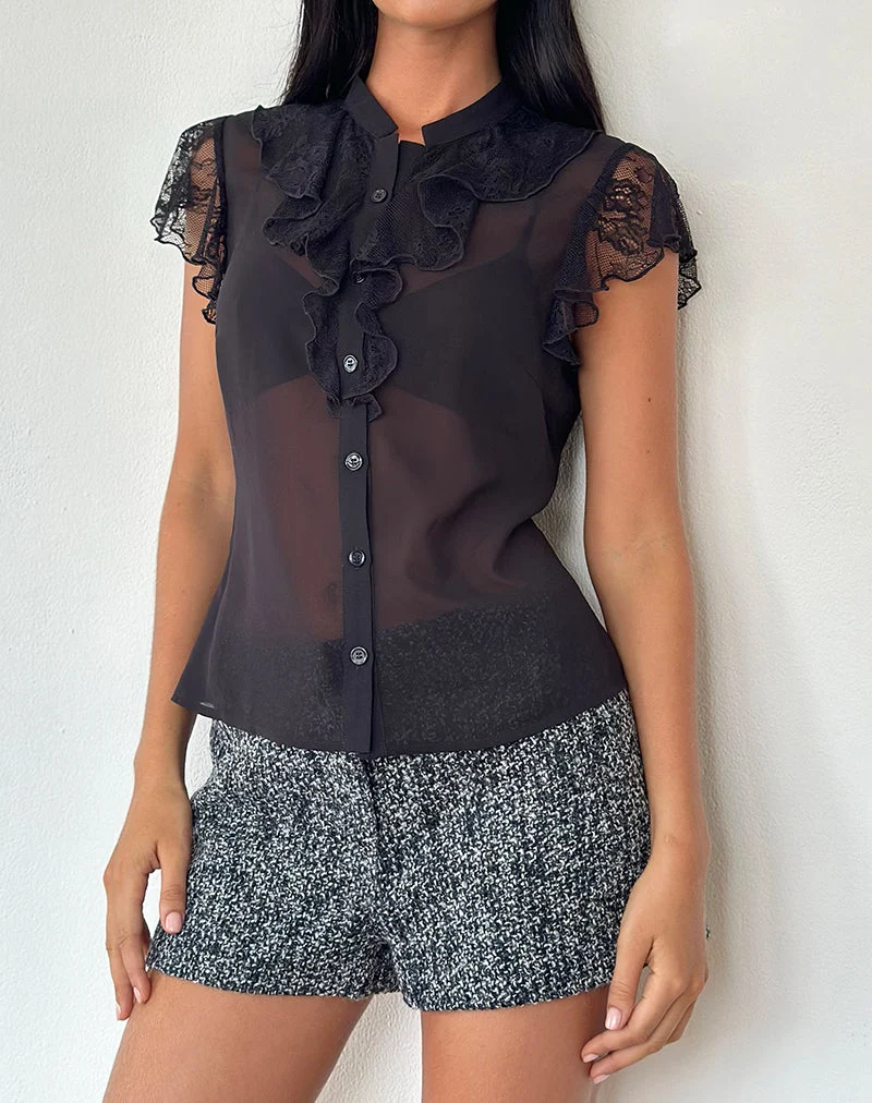 Chemisier Lada en mousseline noire bordée de dentelle