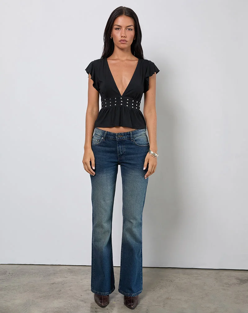 Leisma Frill Top in Jersey Black with Studs (Top à volants en jersey noir avec clous)