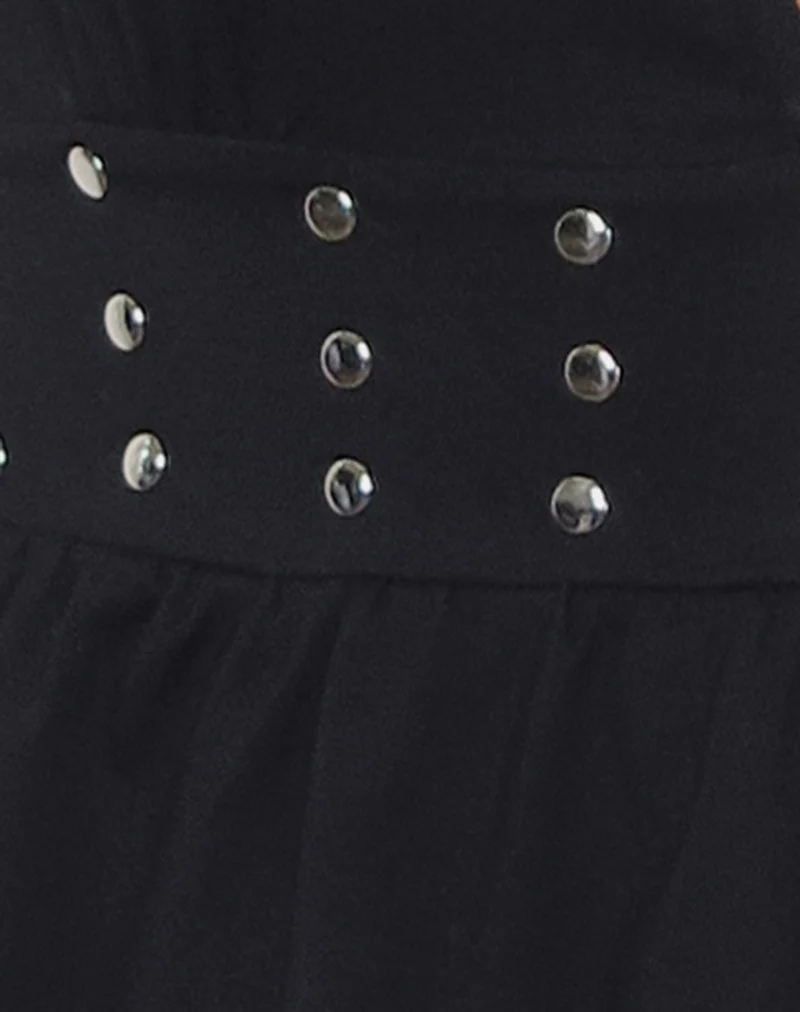 Leisma Frill Top in Jersey Black with Studs (Top à volants en jersey noir avec clous)