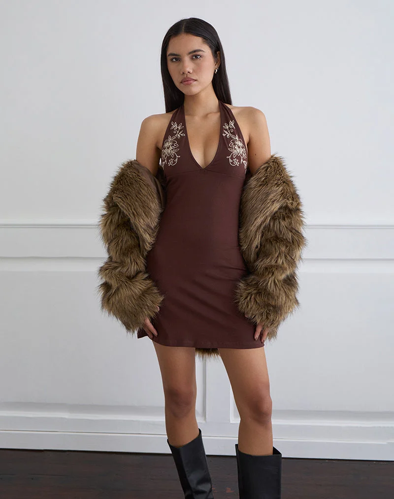 Mini robe Hepzhi en chocolat amer avec broderie florale