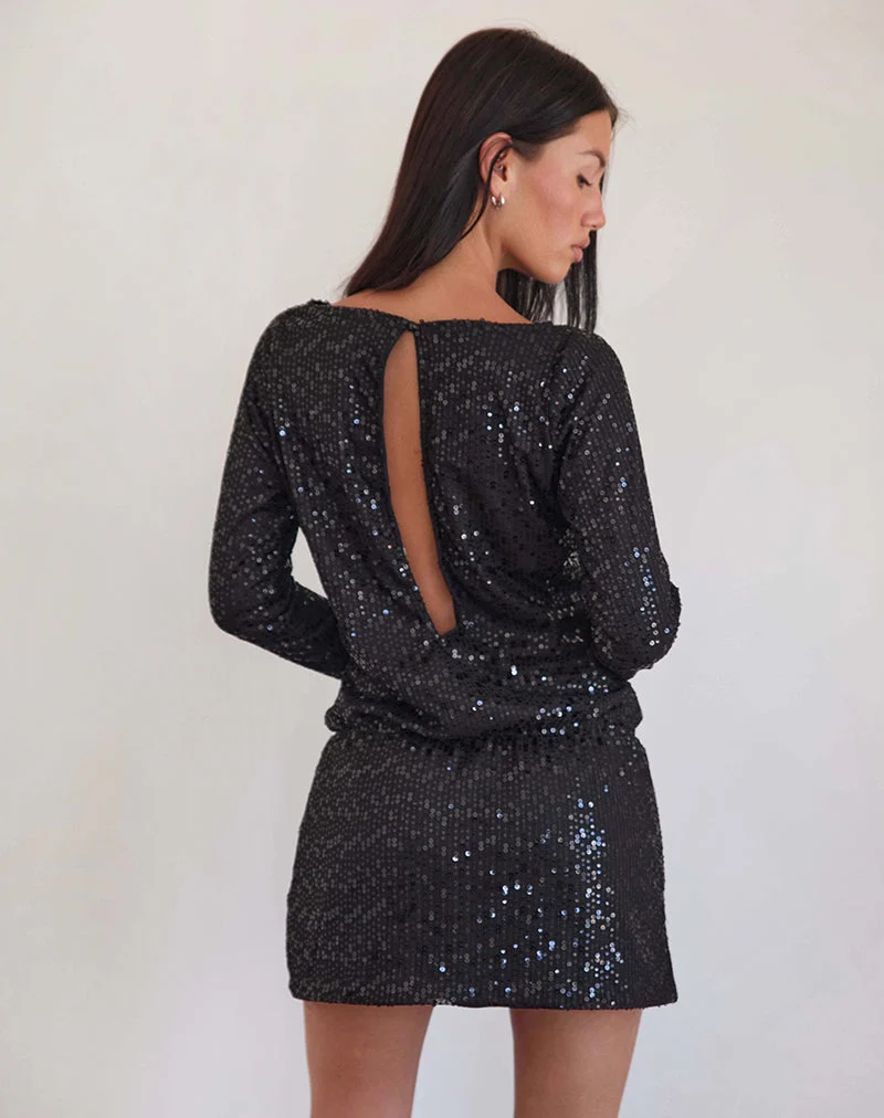 Jasilia - Mini robe à manches longues en paillettes vaporeuses - Noir