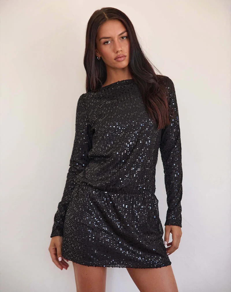 Jasilia - Mini robe à manches longues en paillettes vaporeuses - Noir