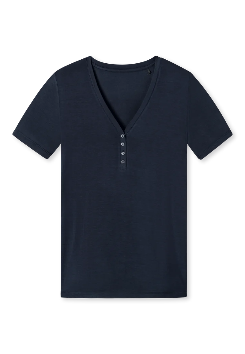 T-Shirt V-Ausschnitt mit Knopfleiste Dunkelblau - Mix+Relax