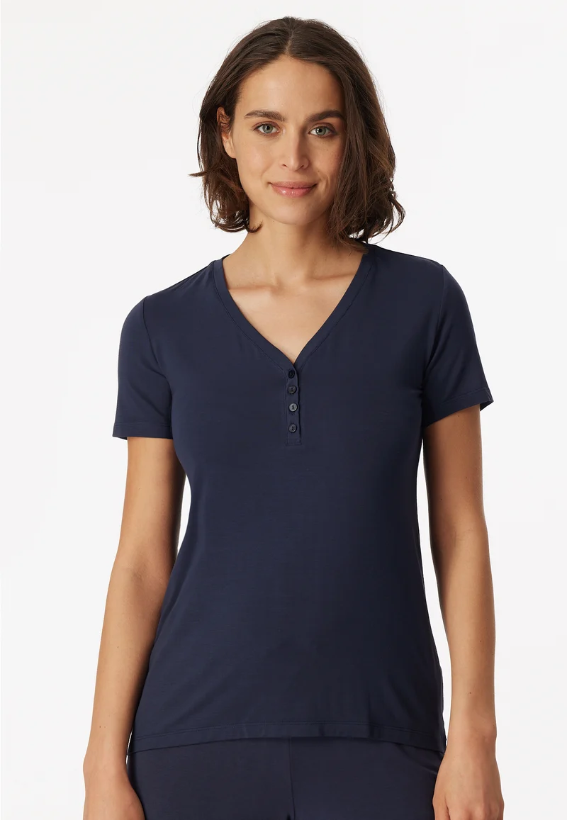 T-Shirt V-Ausschnitt mit Knopfleiste Dunkelblau - Mix+Relax