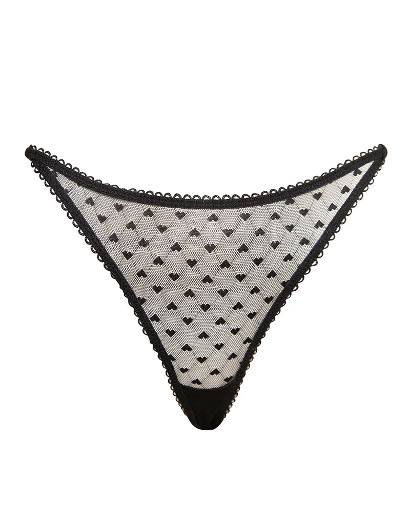 String Ranu en dentelle noire avec broderie en forme de cœur