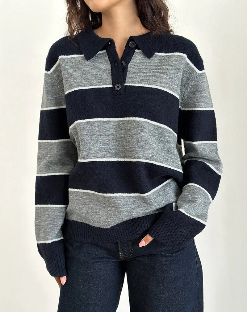 Yusnada - Pull rugby oversize à rayures gris et bleu marine