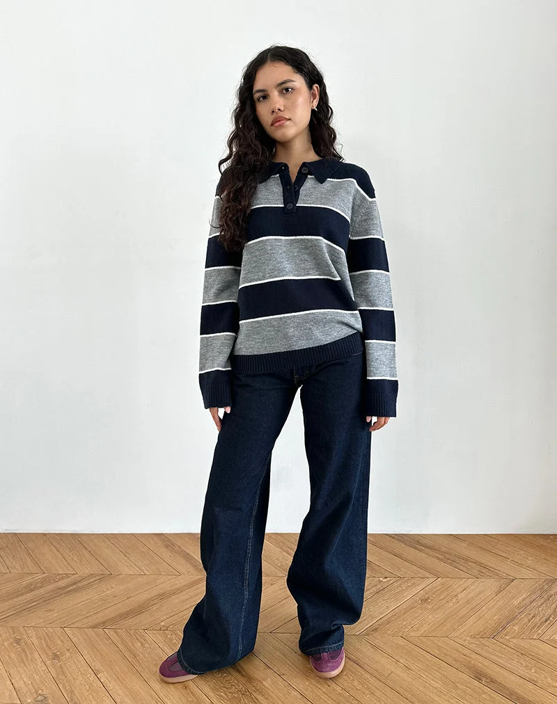 Yusnada - Pull rugby oversize à rayures gris et bleu marine