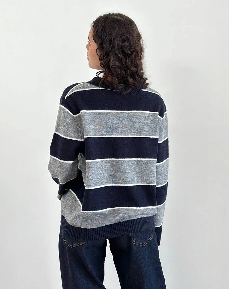 Yusnada - Pull rugby oversize à rayures gris et bleu marine