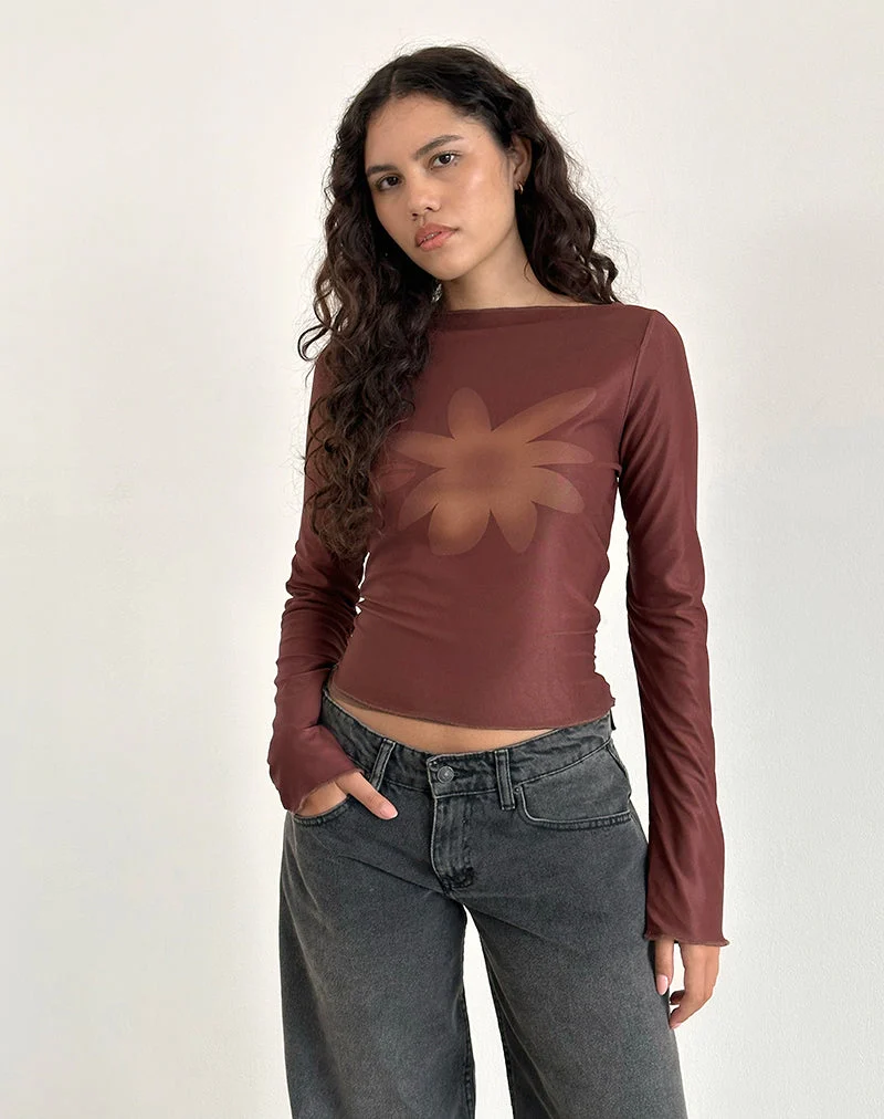 Armali Long Sleeve Top in Mesh Tonal Flower Brown (Top à manches longues en maille avec fleurs tonales)