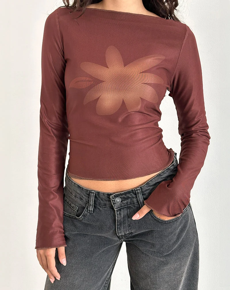 Armali Long Sleeve Top in Mesh Tonal Flower Brown (Top à manches longues en maille avec fleurs tonales)