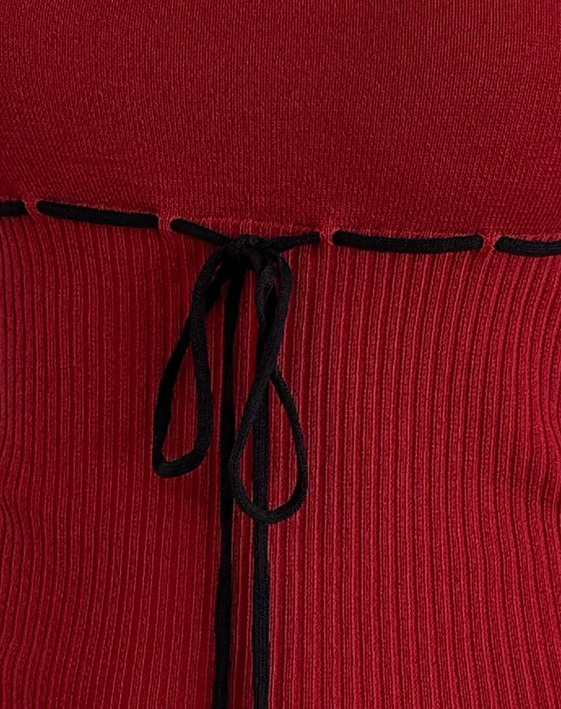 Joanie Rib Cami Top in Red with Black Tie