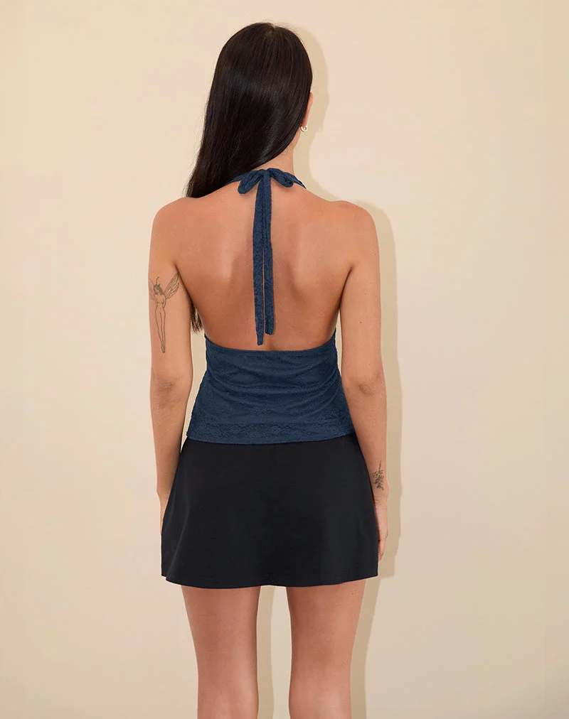 Matua Halter Top in Clover Lace Navy (Top dos nu en dentelle de trèfle)