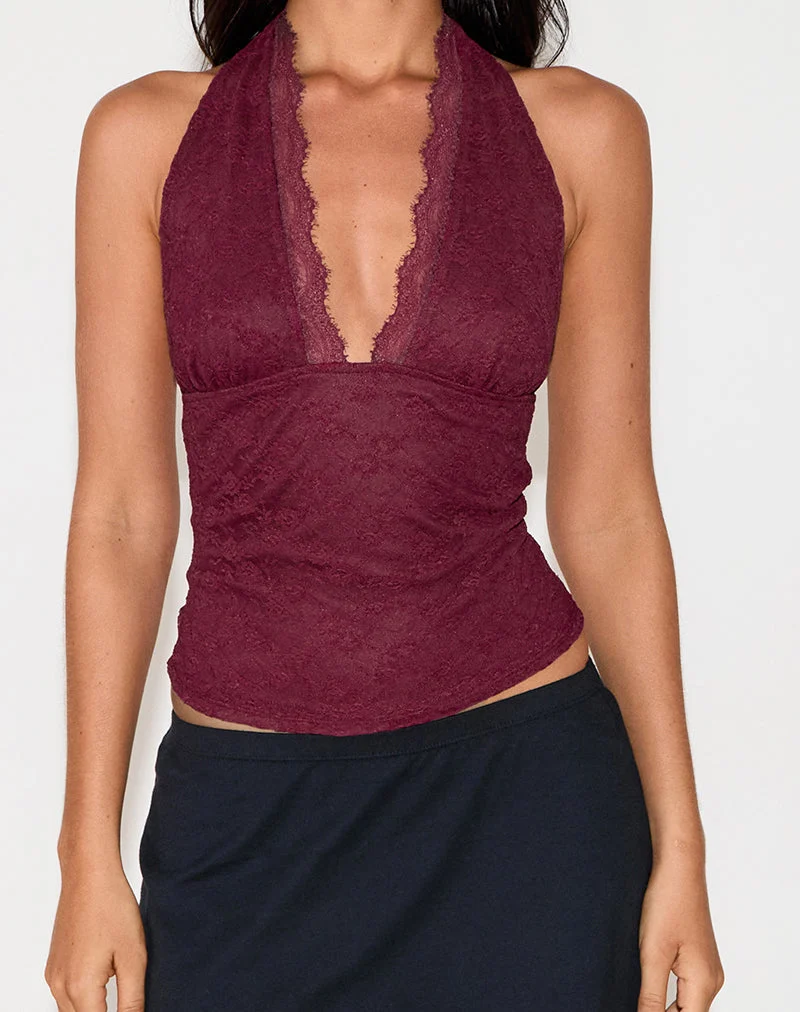 Matua Halter Top in Clover Lace Maroon (Top dos nu en dentelle de trèfle)