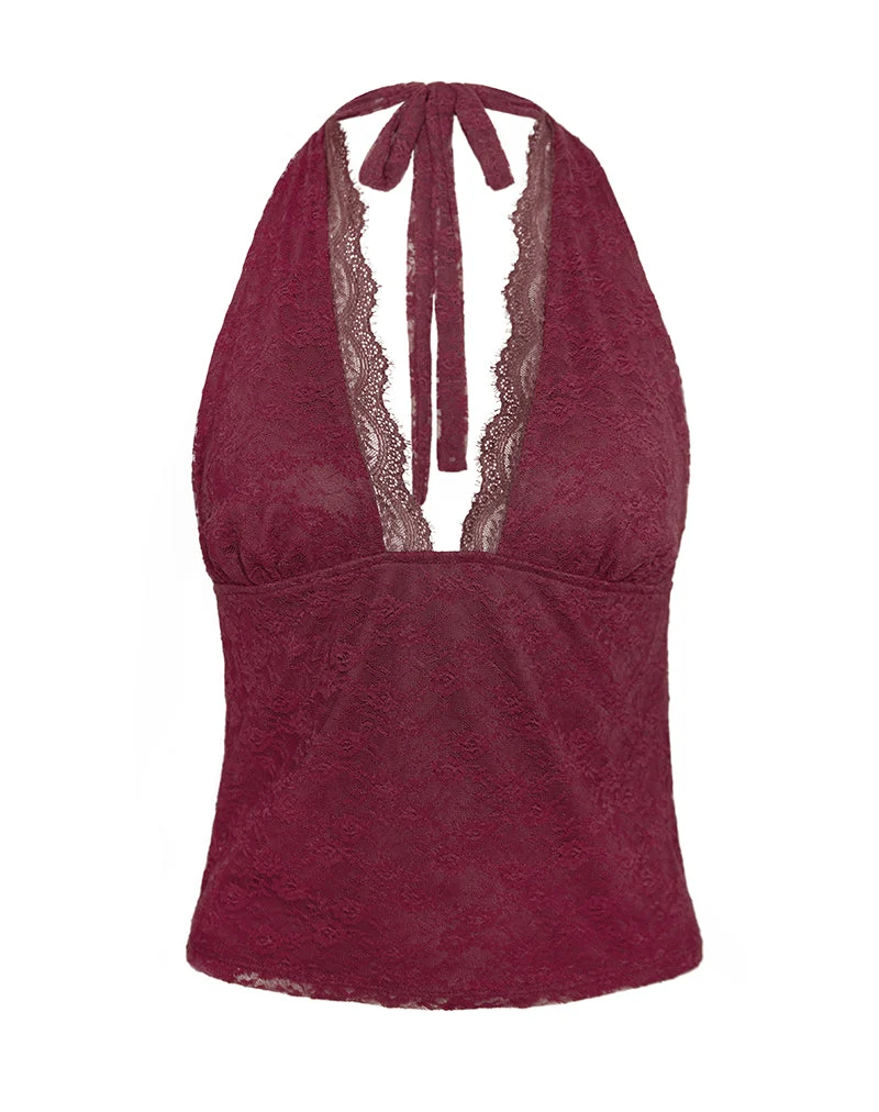 Matua Halter Top in Clover Lace Maroon (Top dos nu en dentelle de trèfle)