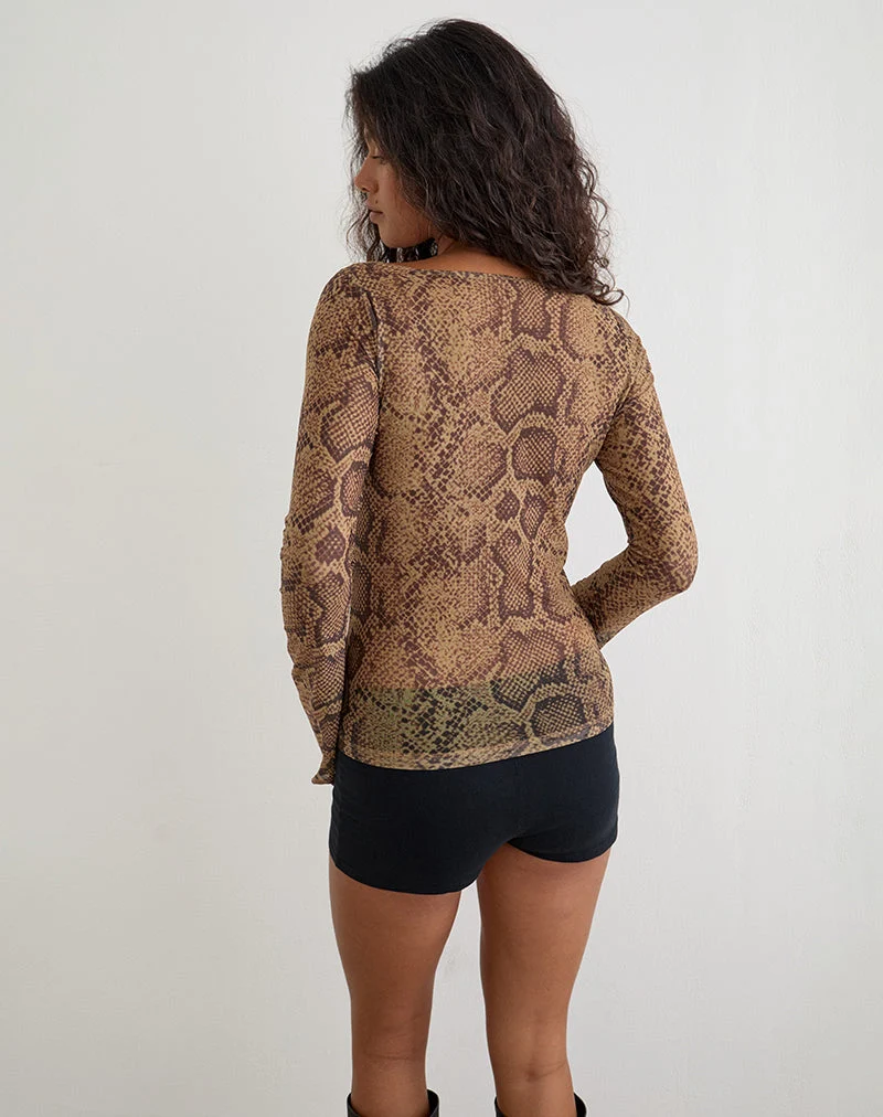 Haut à manches longues Tineko, motif peau de serpent marron