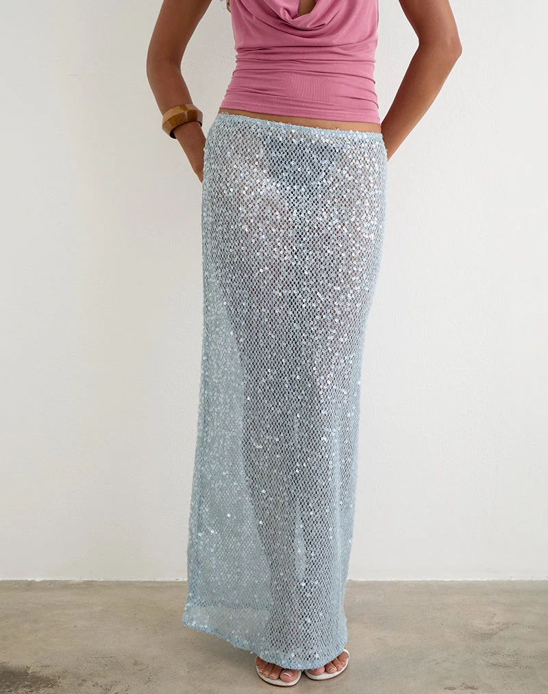 Jupe longue Alphia en maille à paillettes bleu écume de mer