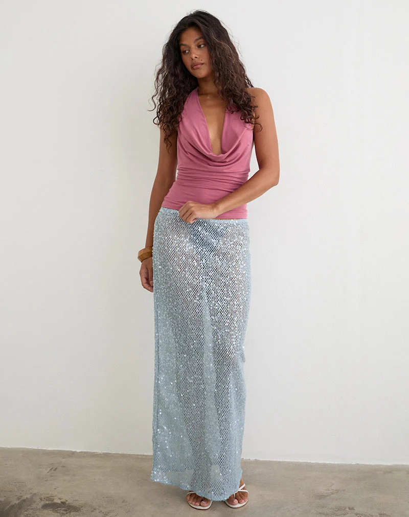 Jupe longue Alphia en maille à paillettes bleu écume de mer