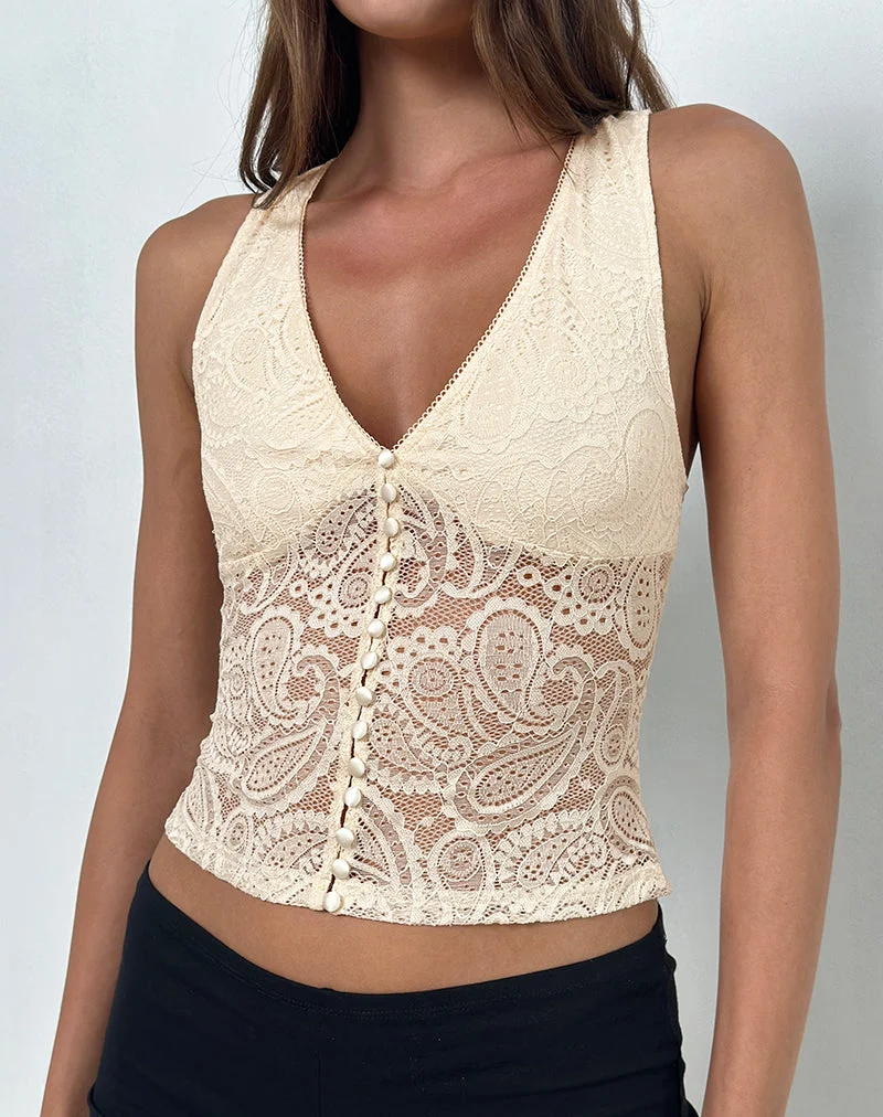 Kefira Plunge Neck Top in Lace Cream (Top à encolure plongeante en dentelle)