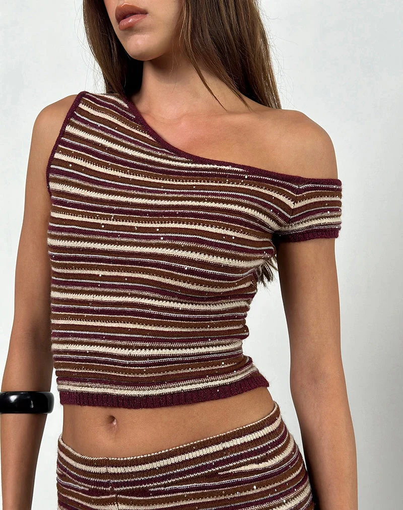 Tamia Off Shoulder Top in Shimmer Stripe Knit Rust (Top à épaules dénudées en tricot à rayures chatoyantes)