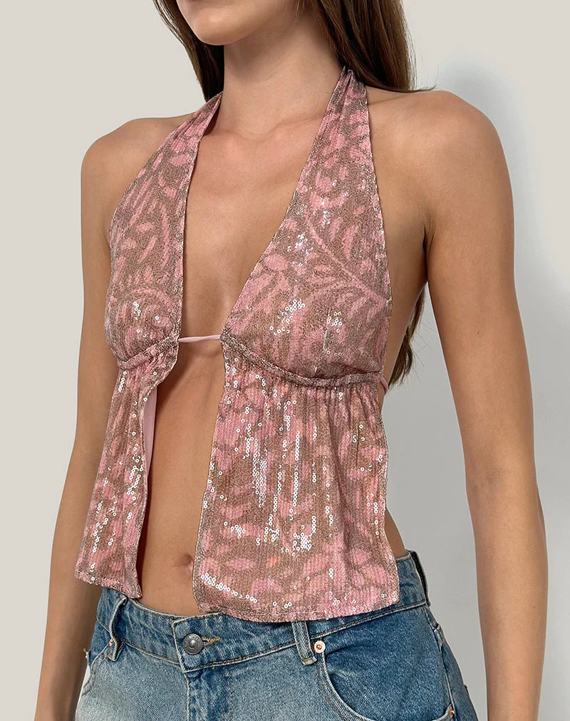 Rokudo - Top dos nu en boho batik à paillettes rose