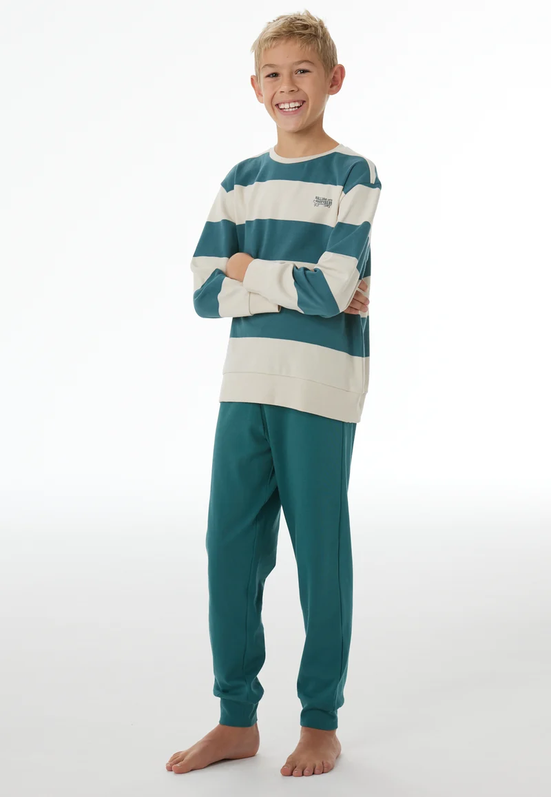 Schlafanzug mit Bündchen Petrol/Off-White gestreift - Nightwear