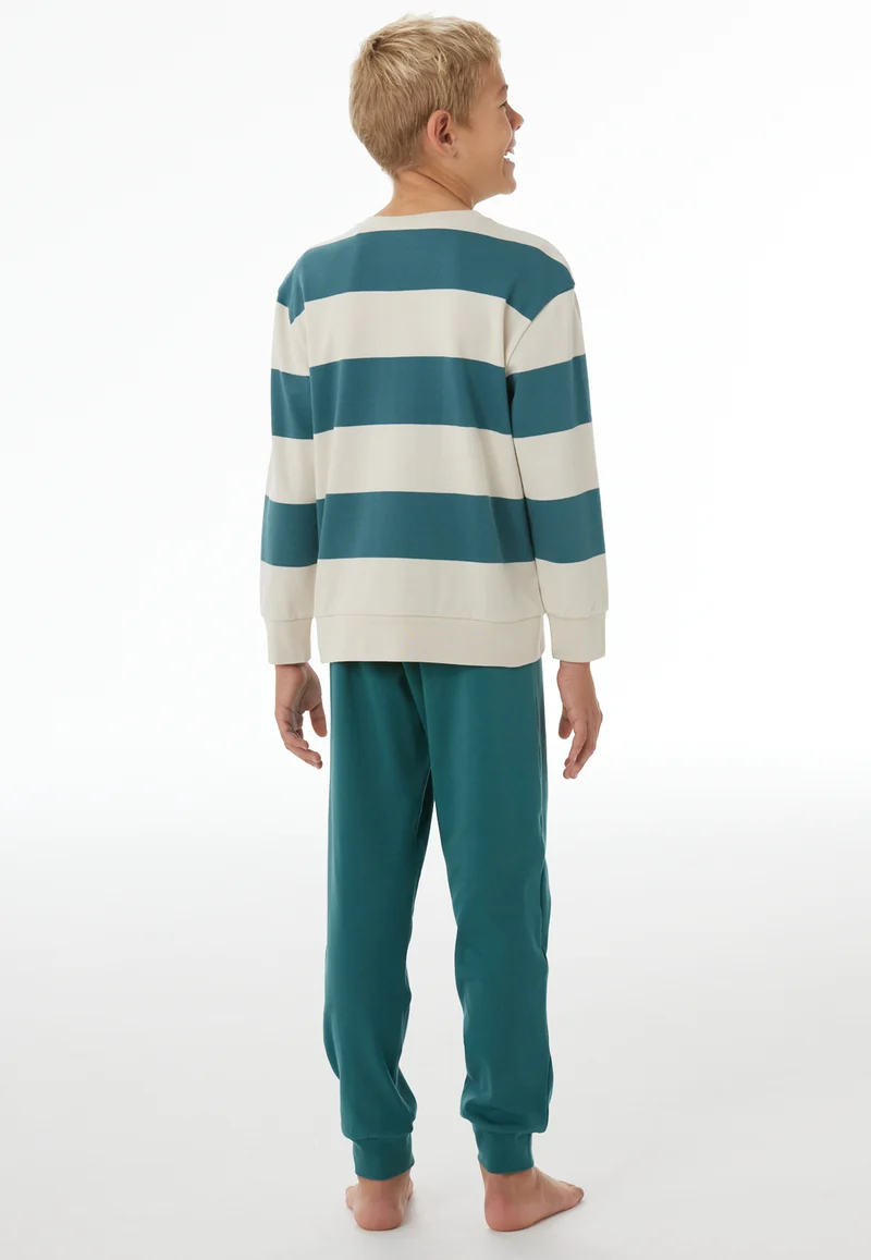 Schlafanzug mit Bündchen Petrol/Off-White gestreift - Nightwear