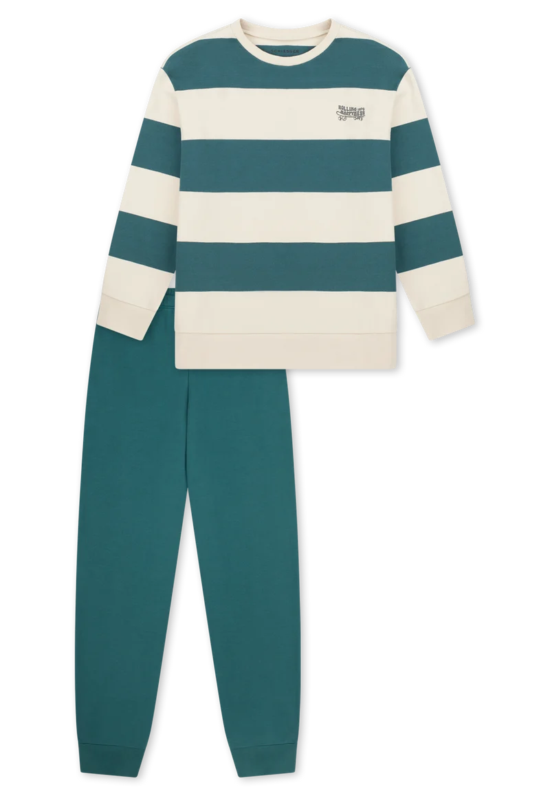 Schlafanzug mit Bündchen Petrol/Off-White gestreift - Nightwear