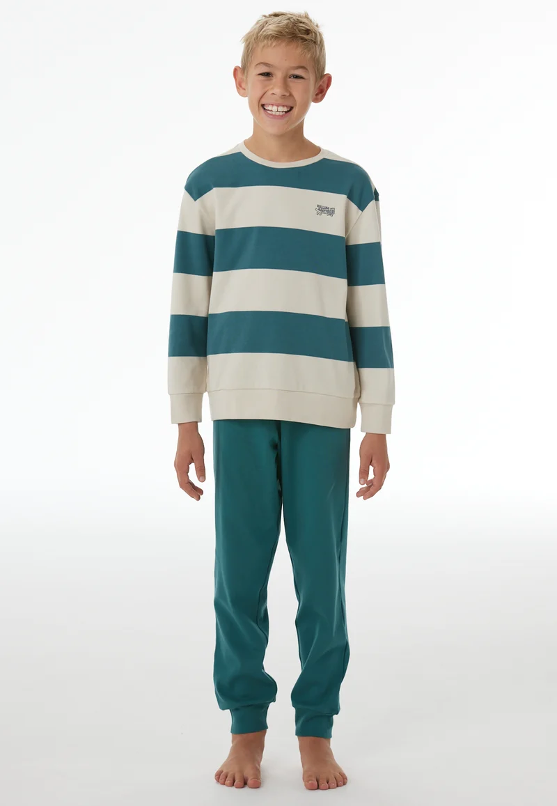 Schlafanzug mit Bündchen Petrol/Off-White gestreift - Nightwear
