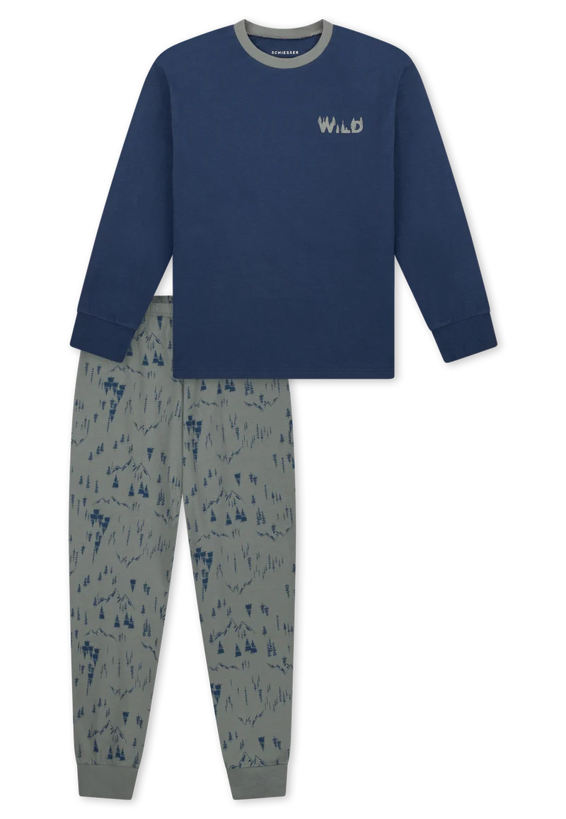 Schlafanzug mit Bündchen Blau/Grau gemustert - Nightwear