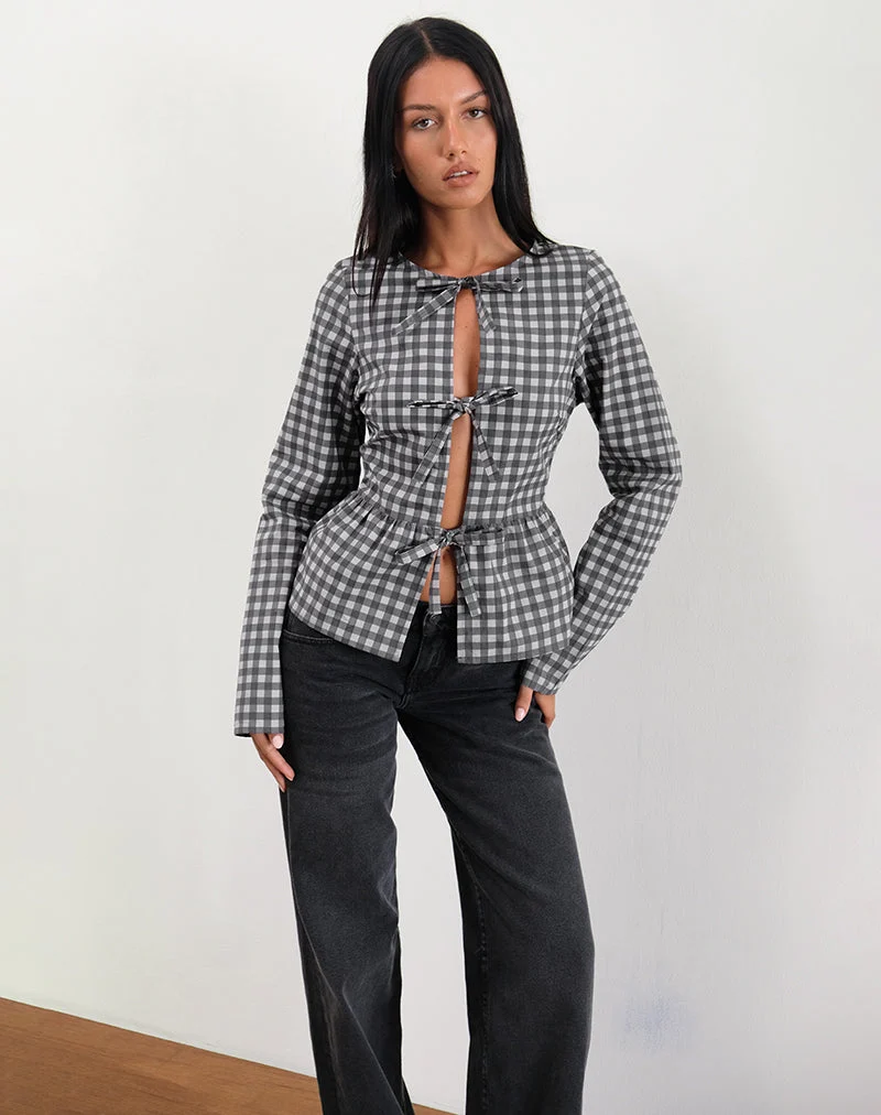 Bertaria Long Sleeve Top in Tonal Gingham Black and Grey (Top à manches longues Bertaria en vichy ton sur ton noir et gris)