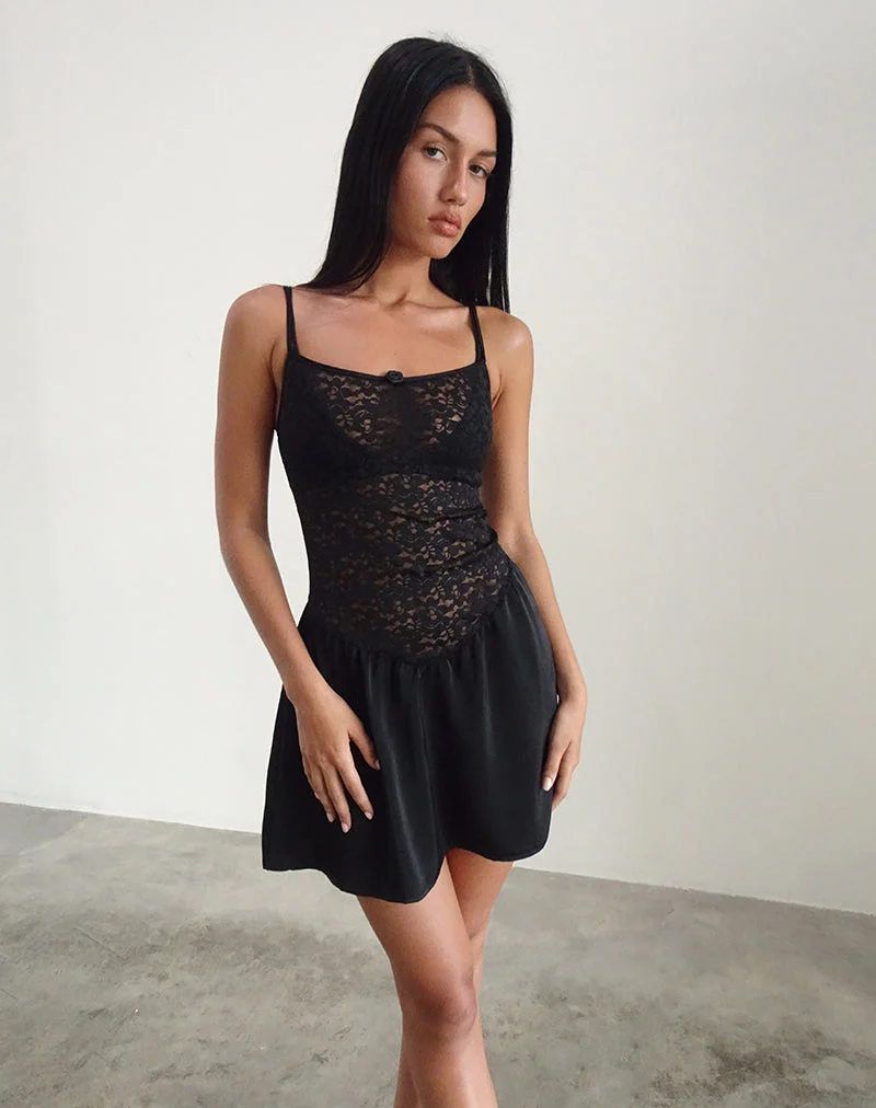 Alunan Slip Dress en satin et dentelle noir