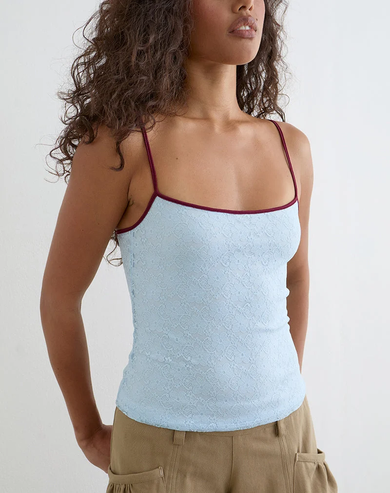 Top Cami Barlyn en dentelle turquoise avec bordure bordeaux