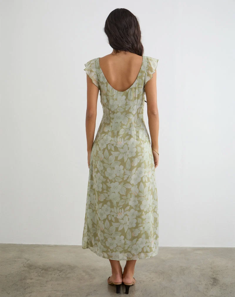 Robe midi Risala Scoop, vert pâle à fleurs