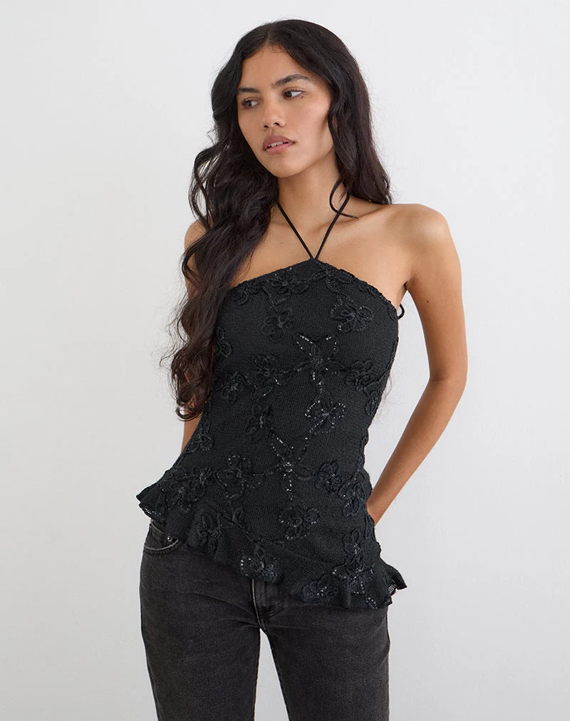 Halter-top Argeila en maille à paillettes, noir
