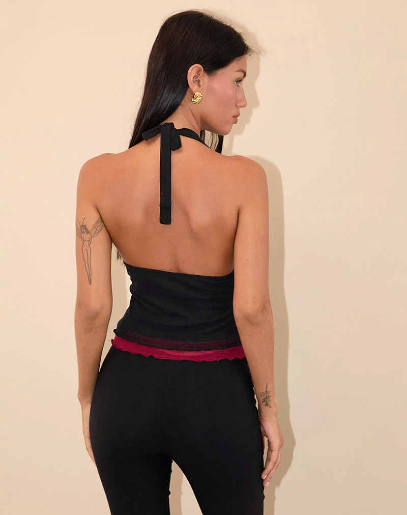 Kubra Halterneck Top in Mesh Black and Red (Top dos nu en maille noir et rouge)