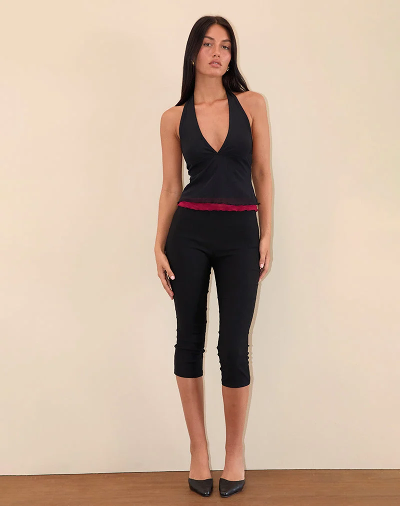 Kubra Halterneck Top in Mesh Black and Red (Top dos nu en maille noir et rouge)