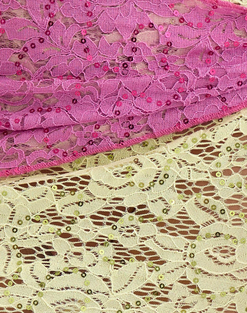 Jupe Sirna en dentelle à paillettes double épaisseur, couleur citron vert et rose