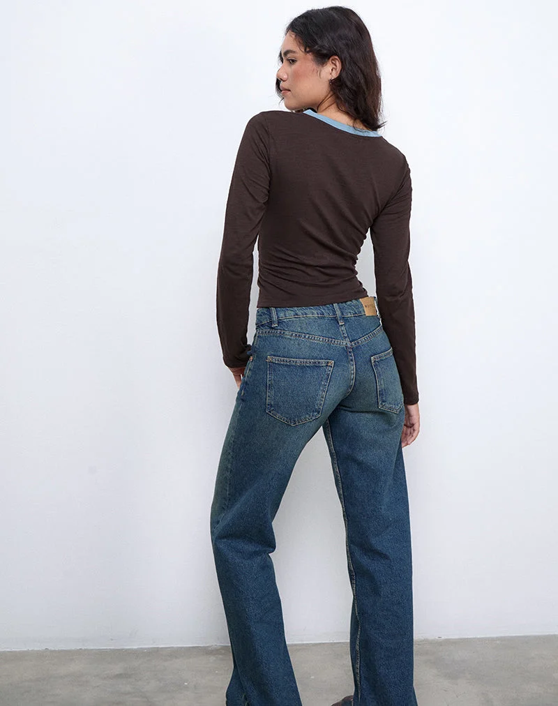 Bonjita Long Sleeve Top in Chocolate Brown with Ash Blue Two Stripe Binding (Top à manches longues en marron chocolaté avec un lien à deux rayures en bleu cendré)