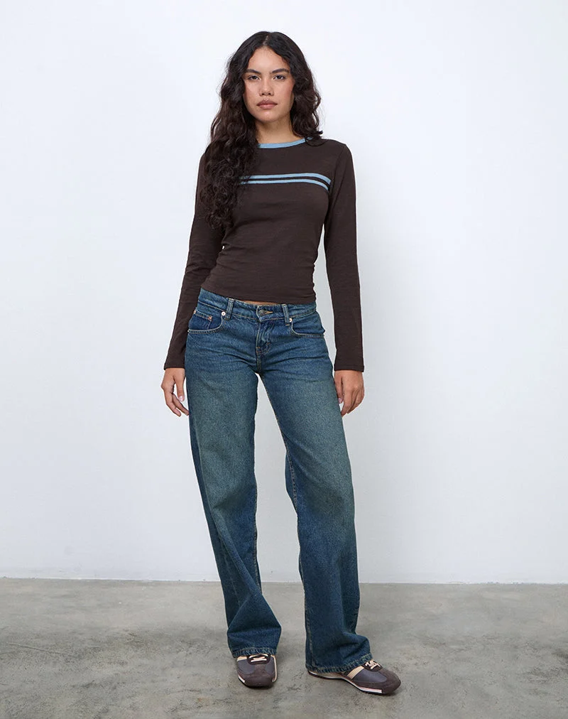 Bonjita Long Sleeve Top in Chocolate Brown with Ash Blue Two Stripe Binding (Top à manches longues en marron chocolaté avec un lien à deux rayures en bleu cendré)