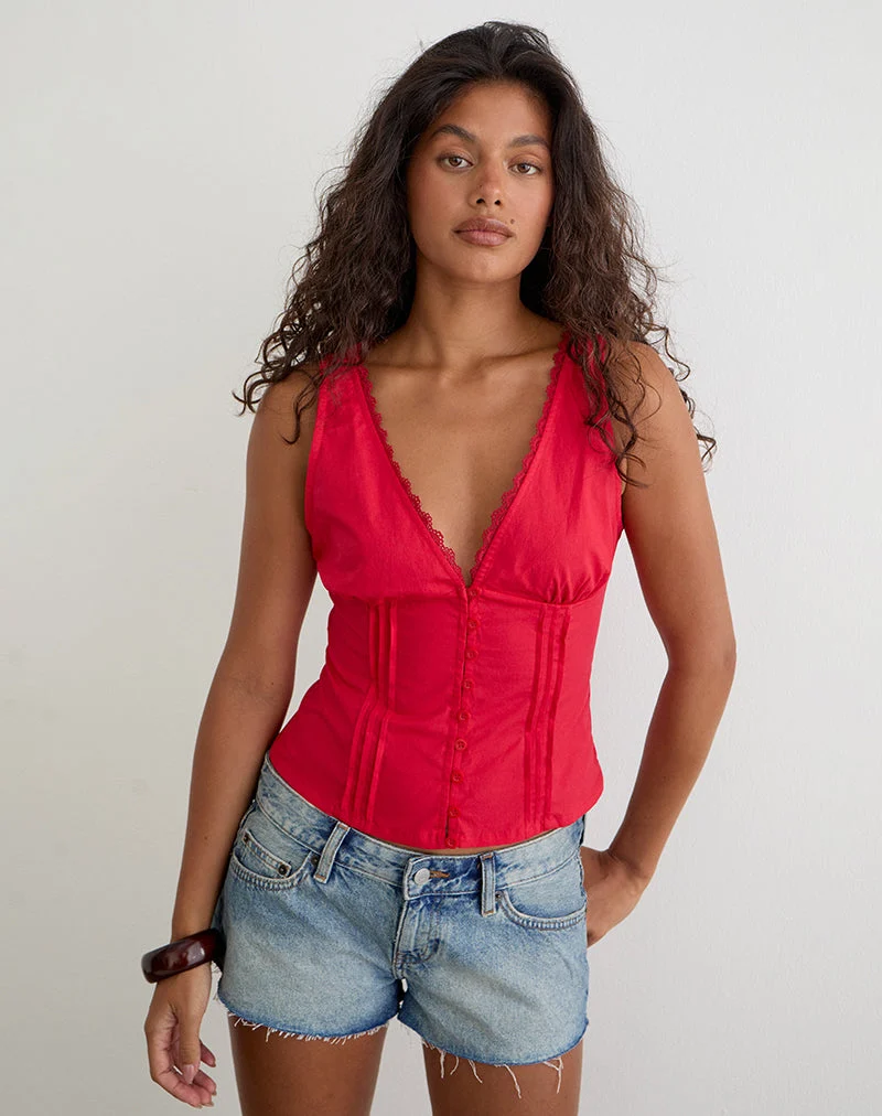 Haut corset à col en V Lasily en popeline rouge écarlate