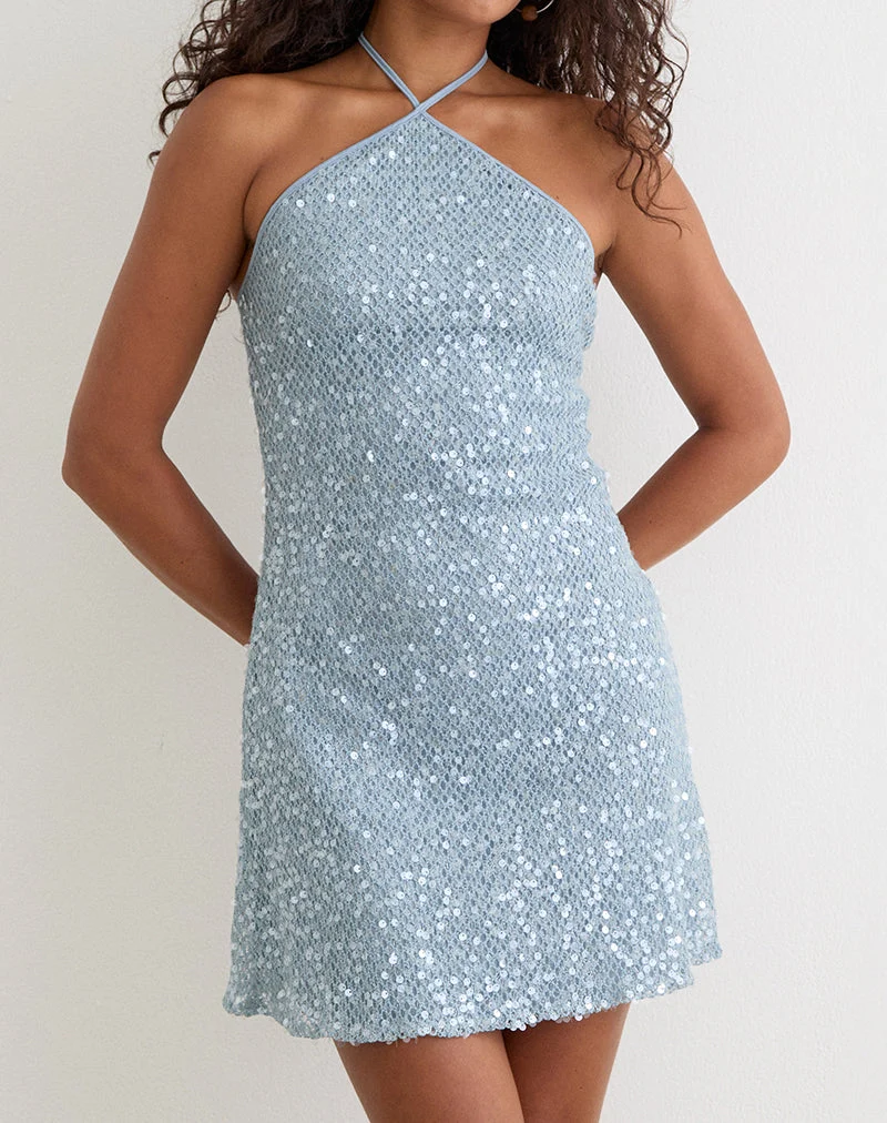 Robe Urlanda en maille à paillettes bleu écume de mer