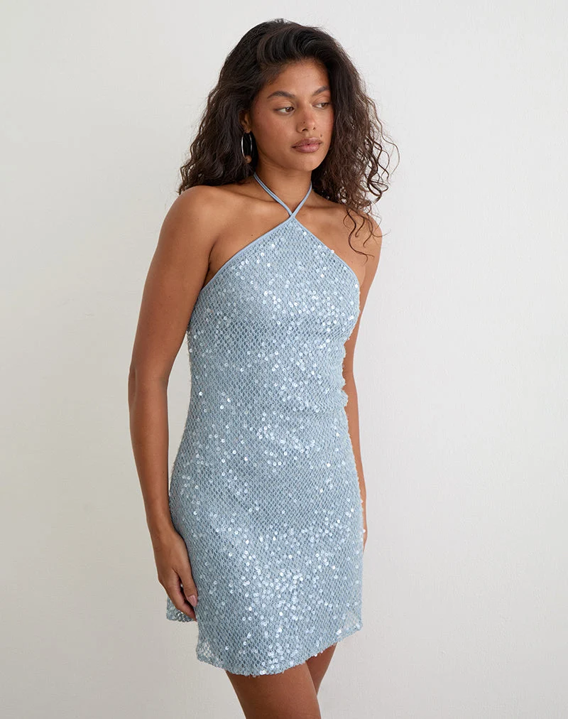 Robe Urlanda en maille à paillettes bleu écume de mer